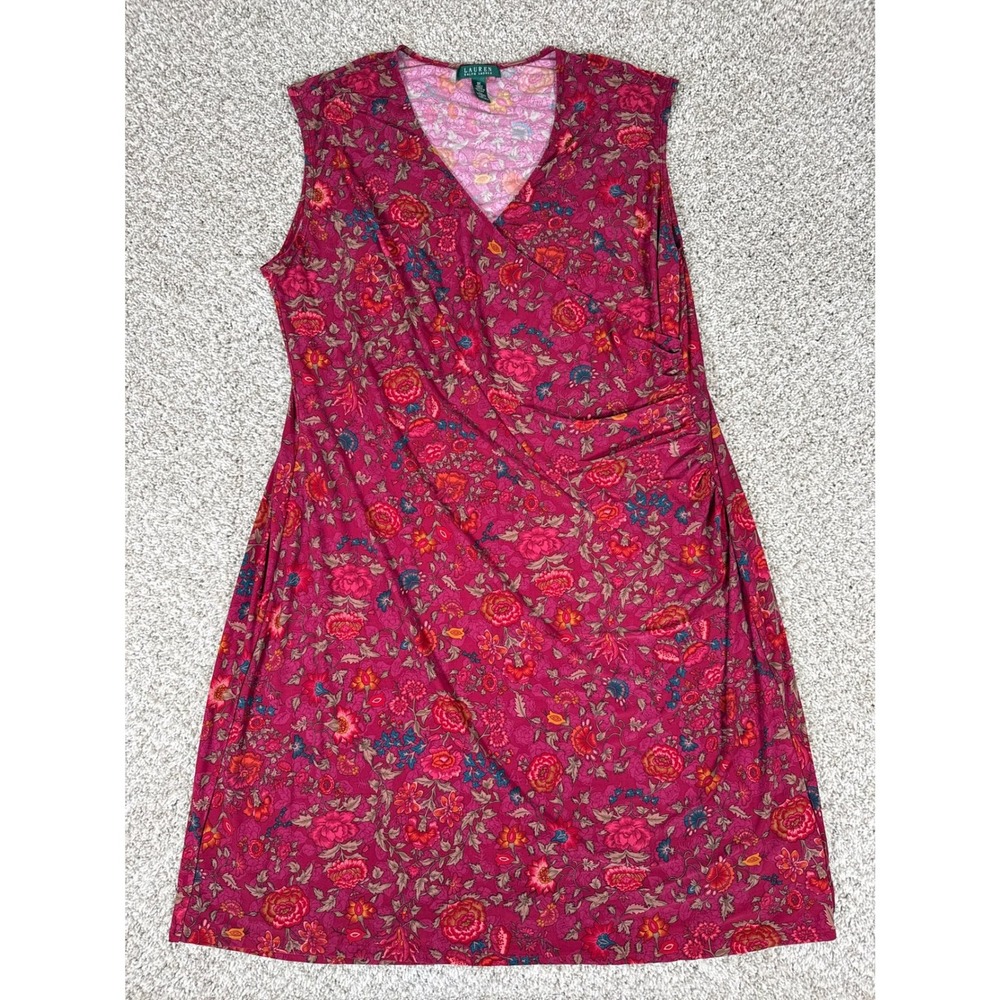 Ralph Lauren Dress Womens 3X Red Floral Faux Wrap Sleeveless Ruched V-Neck